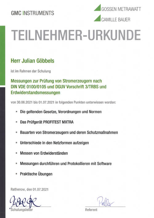 Teilnehmer Urkunde Stromerzeuger Julian Goebbels