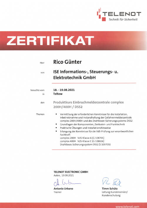 TELENOT Zertifikat Rico Günter