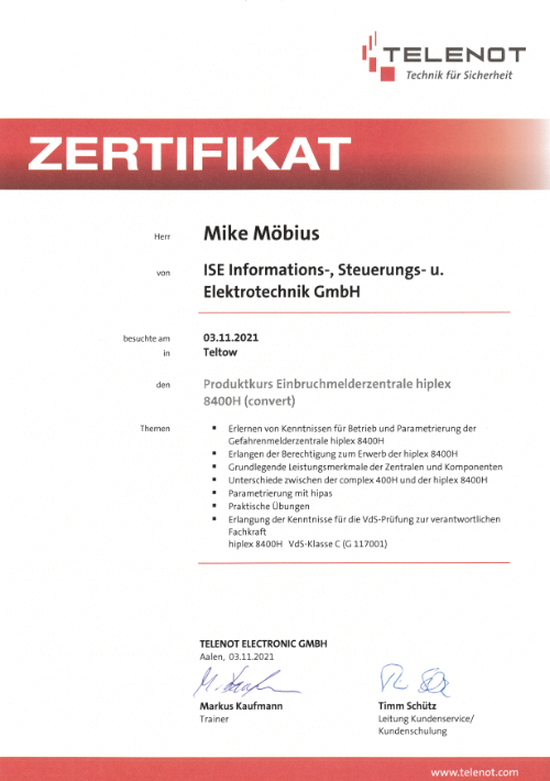 TELENOT Zertifikat Mike Möbius