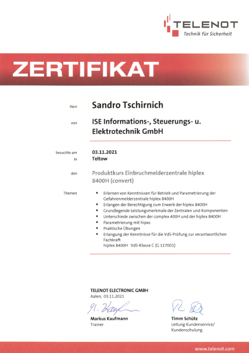 TELENOT Zertifikat Sandro Tschirnich