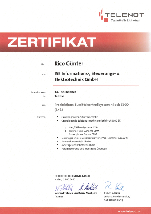 TELENOT Zertifikat Zutrittskontrolle hilock-5000 Rico Günter