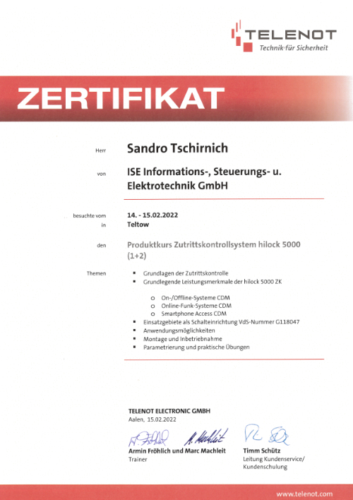 TELENOT Zertifikat Zutrittskontrolle hilock-5000 Sandro Tschirnich