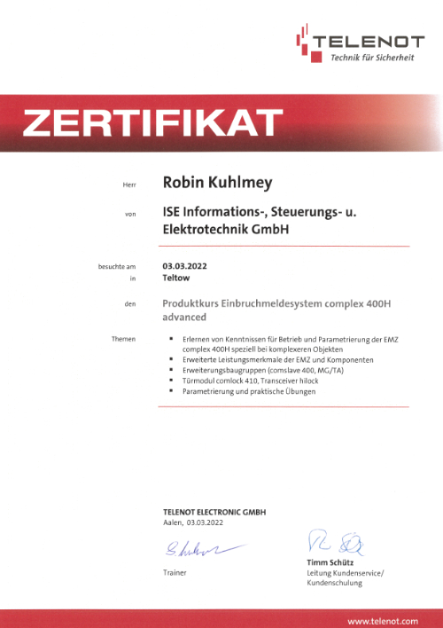 TELENOT Einbruchmeldesystem Zertifikat Robin Kuhlmey