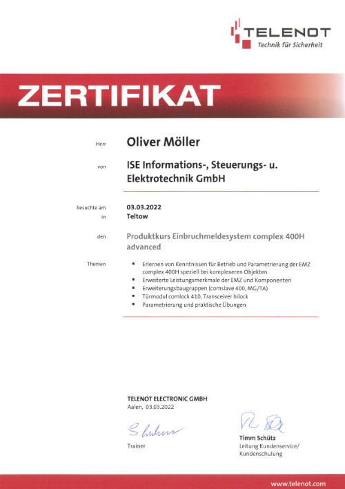 TELENOT Einbruchmeldesystem Zertifikat Oliver Möller