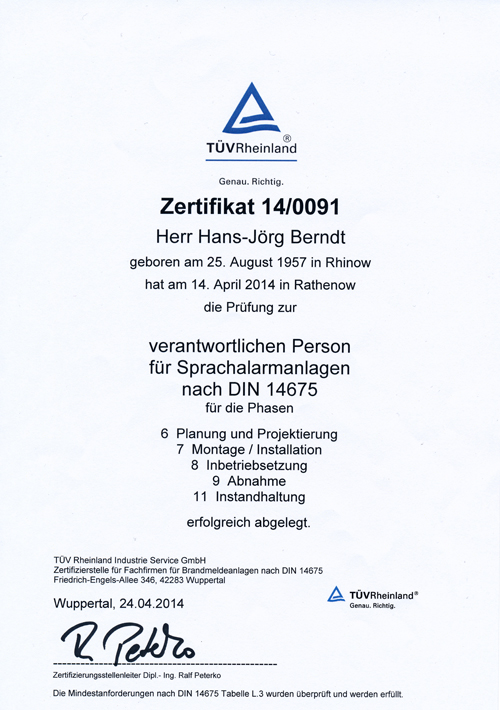 Zertifikat Sprachalarmanlagen