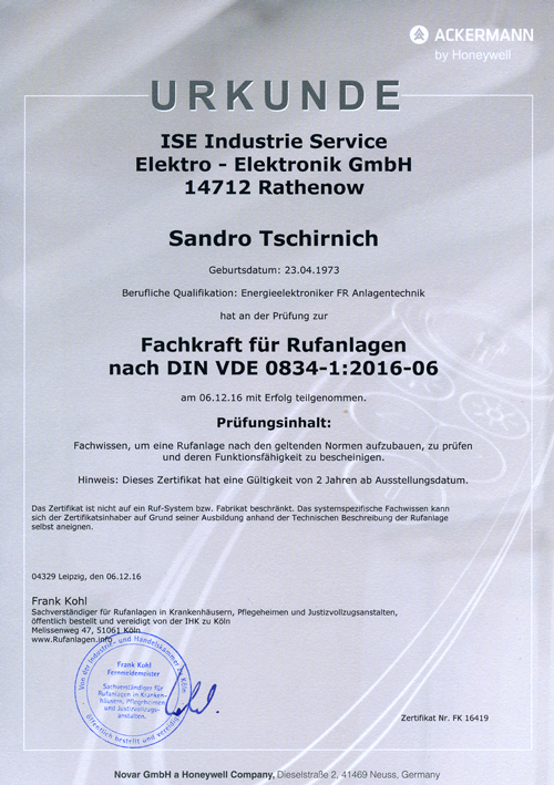 Zertifikat ACKERMANN-Tschirnich-Rufanlagen