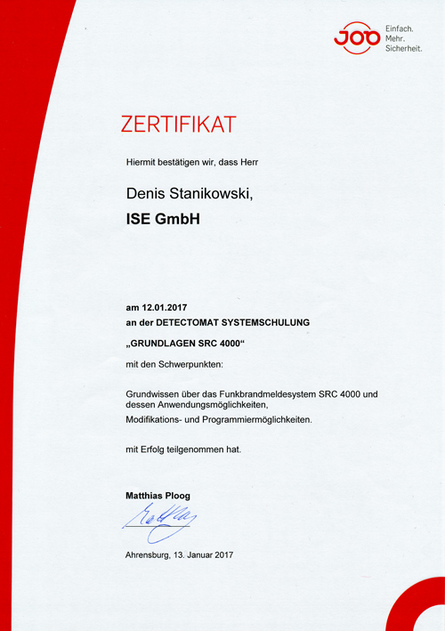 Zertifikat Funkbrandmeldesystem Stanikowski